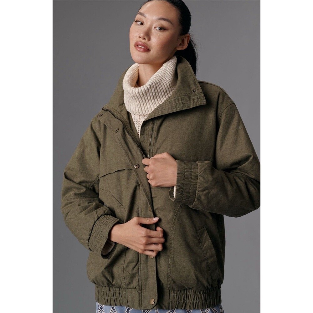 Anthropologie Pilcro Bomber Jacket Women Green Oversized Boho Comfy Medium NWT